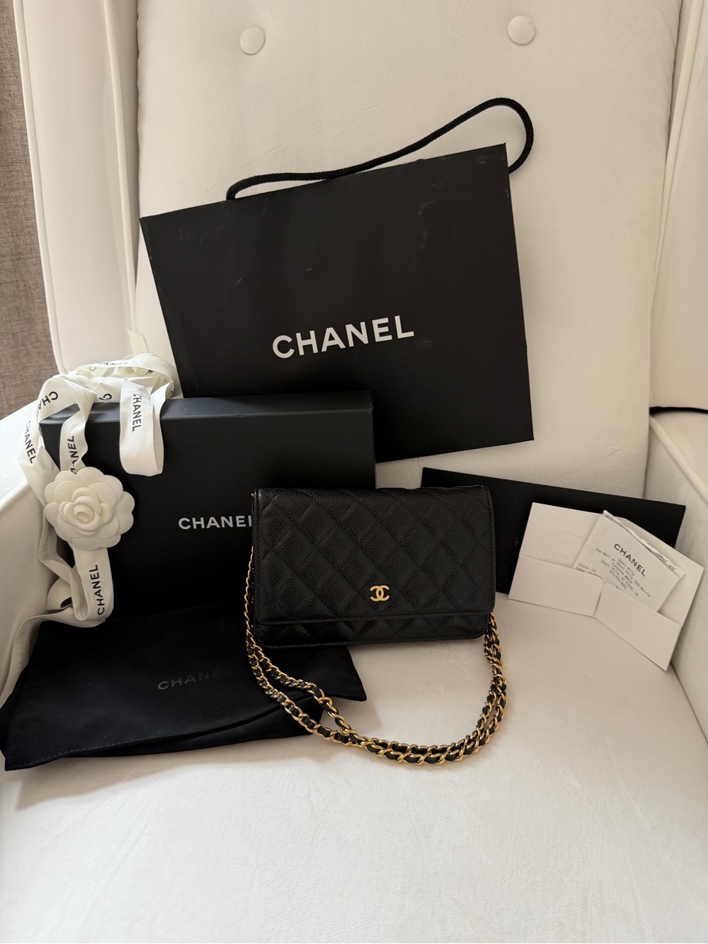 CHANEL Black Quilted Leather Chain Crossbody with Gold CC